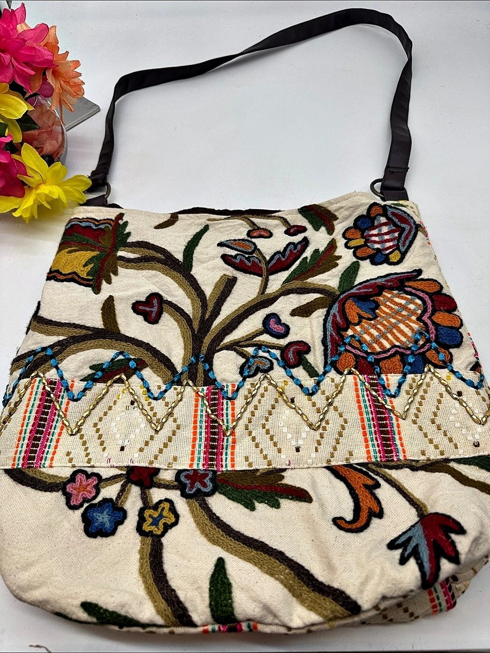 Scully Embroidered Shoulder Bag in Cream & Multicolor